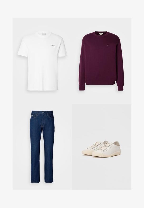 Pull en tricot violet avec manches longues, col rond, bord-côte en bas et aux poignets, arborant un petit logo CK sur la poitrine. Texture lisse.; T-shirt en coton blanc à manches courtes et col rond. Présente un petit logo noir "Calvin Klein" sur la poitrine gauche.; Jean en denim bleu foncé avec une coupe droite, doté d'une fermeture éclair et d'un bouton, de cinq poches et de détails de couture subtils.; Baskets blanches en cuir lisse avec des coutures ton sur ton, fermeture à lacets, bout arrondi et semelle en caoutchouc texturée.