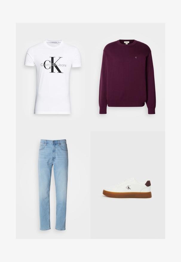 Paarse gebreide trui met lange mouwen, ronde hals, geribbelde zoom en manchetten, en een klein CK-logo op de borst. Gladde textuur.; Wit T-shirt met korte mouwen met een groot zwart "cK" en grijs "Calvin Klein Jeans" tekstlogo aan de voorkant.; Lichtblauwe denim jeans met een rechte pasvorm, vijf zakken en riemlussen. De stof heeft een gladde textuur met een lichte vervaging.; Witte sneakers met een rubberen gum zool, platte veters en een bruine suède hakaccent. Voorzien van een subtiele geperforeerde "cK" logo aan de zijkant.