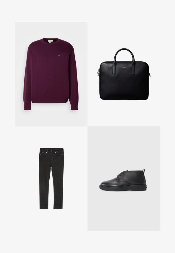 Paarse gebreide trui met lange mouwen, ronde hals, geribbelde zoom en manchetten, en een klein CK-logo op de borst. Gladde textuur.; Zwarte denim jeans met een slanke pasvorm, voorzien van vier zakken, een metalen knoopsluiting en lichte slijtage-details. Soepele textuur en klassiek ontwerp.; Zwarte leren enkelboots met een gladde textuur, ronde neus en zwarte rubberen zool. Voorzien van een vetersluiting en een hielbandje voor eenvoudig aan- en uittrekken.; Zwarte leren aktetas met dubbele handvatten, rechthoekige vorm en zilverkleurige ritstrekkers, voorzien van een klein geperst logo in het midden.
