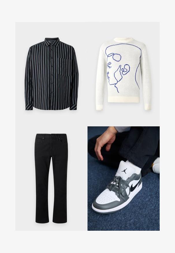 Hvid strikket sweater med en blå line-art grafik af et ansigt på forsiden, med ribstrikket halsudskæring og ærmegab for ekstra tekstur.; Sort button-up skjorte med blå lodrette striber, lange ærmer, krave og en brystlomme. Glat stof, afslappet pasform, standard knapper.; Sorte, lige bukser med knap- og lynlåslukning, bæltestropper og forlommer, vist på en ensfarvet, lys baggrund.; Nike Air Jordan 1 sneakers i hvidt og grå læder, med et sort logo, perforeret tå og flade grå snørebånd.