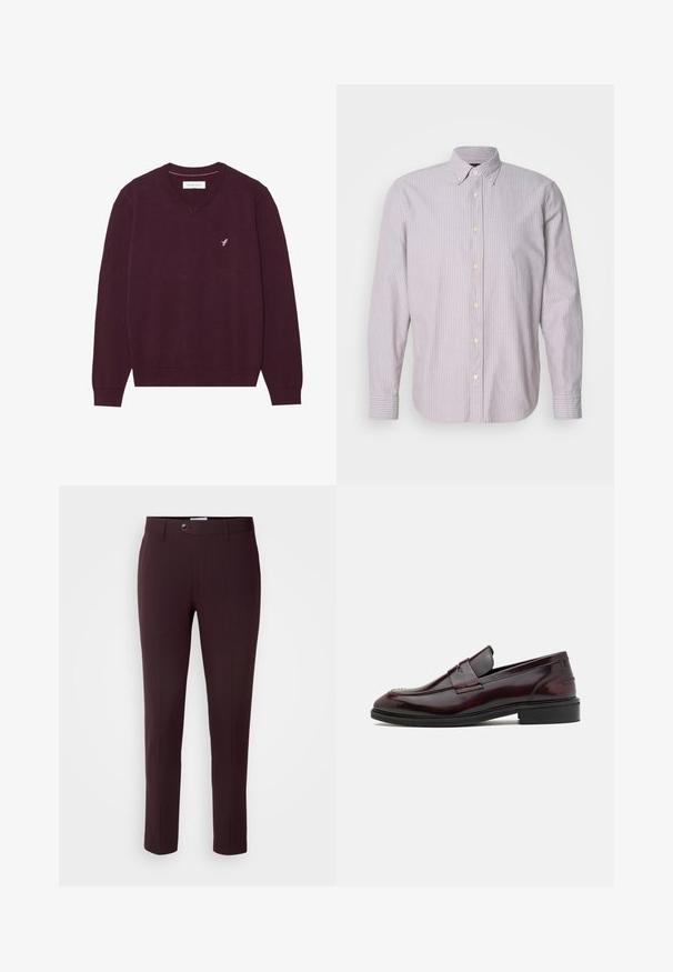 Bourgogne v-hals sweater lavet af blødt strikmateriale, med lange ærmer og et diskret lyserødt broderet logo på brystet.; Skjorte med knapper i lys lilla og hvide striber, lavet af bomuldsstof, lange ærmer og en nedknappet krave, med gule knapper og slidser i siden.; Mørkeburgunder bukser med slim fit, der har knaplukning, bæltestropper og frontfolder. Glat stof med et glat design.; Bordeaux læder loafers med en glat finish, rektangulær frontdetalje og en afrundet tå, med en sort gummisål.