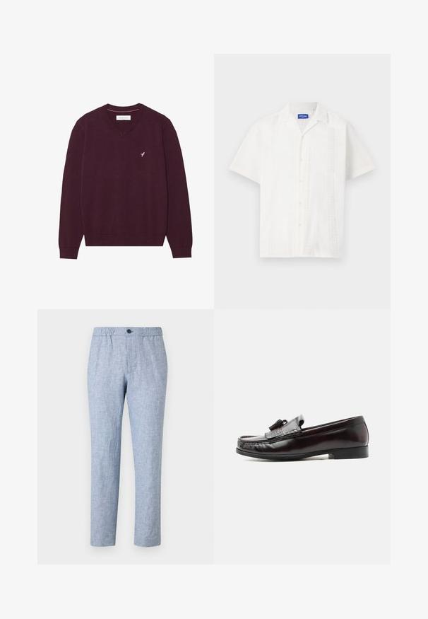 Pull à col en V bordeaux en tissu tricoté doux, avec des manches longues et un logo brodé rose subtil sur la poitrine.; Chemise blanche à manches courtes avec fermeture à boutons, présentant des motifs complexes sur le devant et un design de col classique.; Pantalons bleu clair en mélange de lin avec une taille élastique et une fermeture à un bouton. Design à jambe droite, tissu texturé, sans motifs.; Mocassin à glands en cuir brun foncé avec un petit talon et des détails cousus sur la tige, présenté de profil sur un fond blanc.
