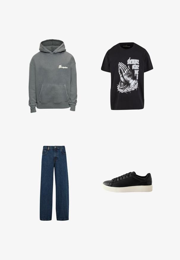 Sudadera gris con capucha, bolsillo tipo canguro en el frente y logo "Dropsize" en blanco en el lado izquierdo del pecho, con puños y dobladillo acanalados.; Camiseta negra de manga corta con gráfico blanco de manos en oración envueltas en espinas y texto "siempre oraré por ti" en fuente gótica.; Vaqueros de mezclilla en azul oscuro, con un corte de pierna ancha, diseño de cinco bolsillos y un cierre clásico de botón con cremallera de metal.; Zapatilla de cuero negra con punta redondeada, acentos texturizados, cordones planos y suela de goma blanca. Vista lateral que muestra un diseño elegante.