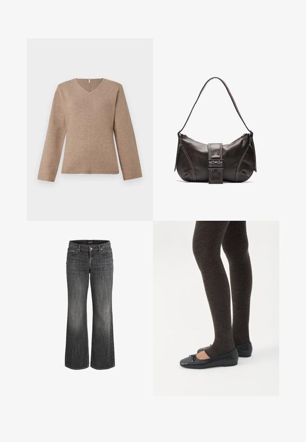 V-Ausschnitt Pullover aus hellbraunem Strickstoff, mit langen Ärmeln und einer mittigen Nahtdetails für eine lockere Passform. Glatte Textur, minimalistisches Design.; Schwarze, verwaschene Straight-Leg-Jeans aus Denim mit Frontknopf, Gürtelschlaufen und Fünf-Taschen-Design.; Beine in dunklen, gerippten Leggings kombiniert mit schwarzen Ballerinas mit kleinen Schleifendetails auf weißem Hintergrund.; Braune Lederumhängetasche mit gebogener Form, die mit einem auffälligen Schnallendetail, kontrastierenden Nähten und einem einzigen Schulterriemen ausgestattet ist.