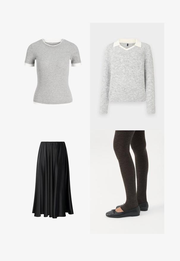 Lichtgrijze gebreide trui met lange mouwen, voorzien van een witte V-hals kraagdetail, geribbelde onderkant en manchetten, weergegeven op een witte achtergrond.; Aansluitend grijs gebreid T-shirt met korte mouwen en witte biezen aan de mouwen, halslijn en zoom.; Zwarte maxi rok van gladde stof, met een elastische tailleband, een volle silhouet en een vloeiende zoom zonder zichtbare patronen of details.; Benen met donkere geribbelde leggings gecombineerd met zwarte ballerina's met kleine strikdetails op een witte achtergrond.