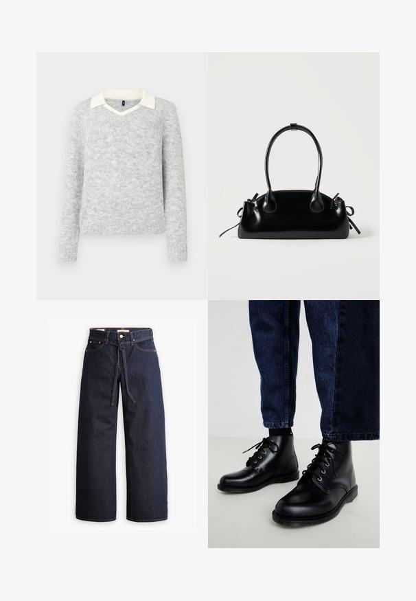 Lichtgrijze gebreide trui met lange mouwen, voorzien van een witte V-hals kraagdetail, geribbelde onderkant en manchetten, weergegeven op een witte achtergrond.; Wijd pijpjes donkerblauwe denim jeans met een hoge taille, voorzien van een trekkoord, vijf zakken en contrasterende stiksels.; Zwarte leren enkellaarzen met ronde neuzen, een vetersluiting, zilveren veteroogjes en getextureerde zolen, gecombineerd met donkerblauwe spijkerbroeken.; Kleine zwarte glanzende handtas met twee lange hengsels en zijkant trekkoord details op een effen lichte achtergrond.