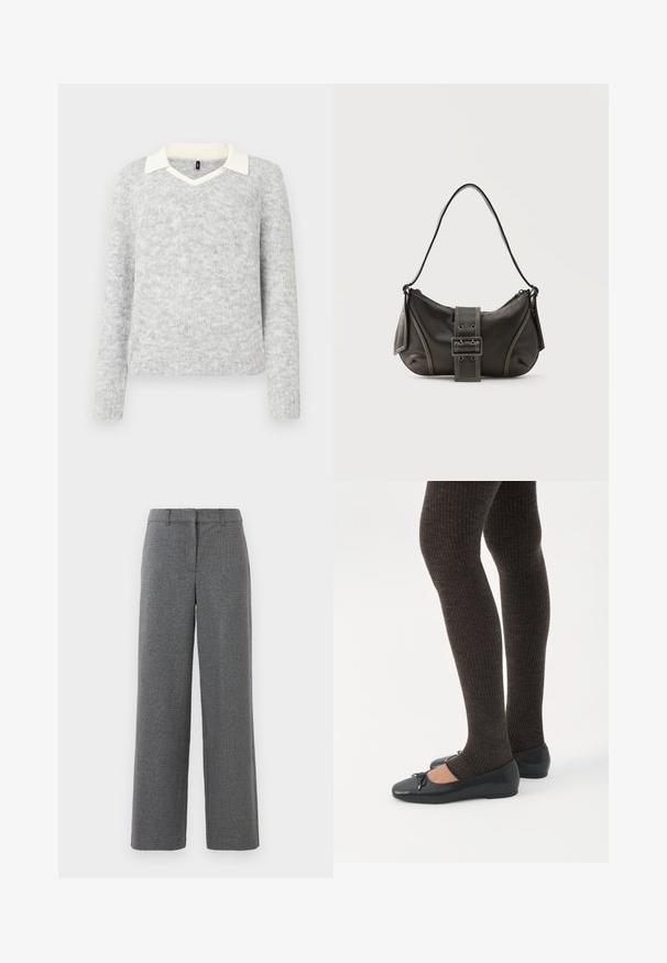 Pull en tricot gris clair à manches longues avec détails d'un col V blanc, ourlets et poignets côtelés, présenté sur un fond blanc.; Pantalons gris en tissu texturé et tissé. Design à jambes larges, devant plat et sans matériel ou accents visibles. Convient pour une tenue formelle.; Jambes portant des leggings côtelés foncés associés à des ballerines noires avec de petits détails en nœud sur fond blanc.; Sac à épaule en cuir noir avec une sangle à boucle, des bords arrondis et des coutures blanches contrastées sur un fond uni.