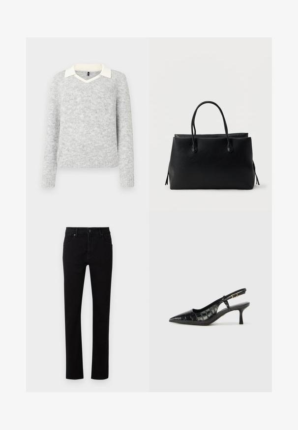 Pull en tricot gris clair à manches longues avec détails d'un col V blanc, ourlets et poignets côtelés, présenté sur un fond blanc.; Jean en denim noir avec une coupe droite. Comprend cinq poches, une fermeture à bouton à l'avant et des détails de couture subtils le long des coutures.; Escarpins noirs à bride arrière avec un bout pointu et un motif texturé en cuir crocodile embossé. Comprend une fine bride de cheville et un petit talon.; Sac cabas en cuir noir avec deux poignées, forme rectangulaire, et une surface simple texturée sur un fond blanc uni.