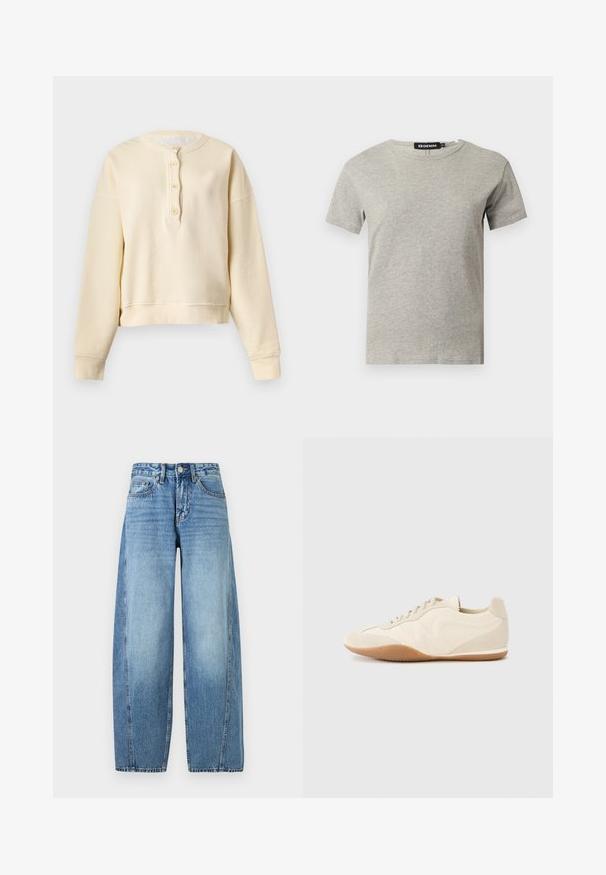 Μπλούζα Henley με μακριά μανίκια σε κρεμ απόχρωση, ριμπ μανσέτες, στρογγυλή λαιμόκοψη και πατιλέτα με τέσσερα κουμπιά μπροστά.; Ανοιχτό γκρι βαμβακερό T-shirt με κοντά μανίκια και στρογγυλή λαιμόκοψη, με ορατή μαύρη ετικέτα στο εσωτερικό του γιακά που γράφει "DENIM" και μέγεθος "S".; Μπλε τζιν υψηλής μέσης με φαρδιά μπατζάκια, μπροστινό κούμπωμα με κουμπιά και φερμουάρ και σχέδιο με πέντε τσέπες.; Ανοιχτό μπεζ αθλητικά παπούτσια με επάνω μέρος από υφή δέρματος, πλευρικά πάνελ με υφή και λαστιχένια σόλα. Διαθέτουν λεπτό, αρμονικό σχέδιο και επίπεδα κορδόνια.