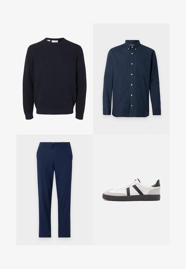 Marineblauer, langärmeliger Strickpullover mit Rundhalsausschnitt sowie gerippten Bündchen und Saum, aus strukturierter Stoff hergestellt.; Navyblaues Langarmhemd aus leichtem Stoff mit Button-Down-Kragen, Brusttasche und weißen Knöpfen. Glatte Textur.; Marineblaue Hosen aus leichtem Material mit einem Kordelzugbund und schmal zulaufenden Beinen, ausgestattet mit Vorder- und Gesäßtaschen.; Weiße Sneaker mit schwarz- und grau-aczenten, ausgestattet mit einer strukturierten grauen Zehenkappe, schwarzer Gummi-Sohle und flachen weißen Schnürsenkeln. Sauberes Design, minimalistische Stil.
