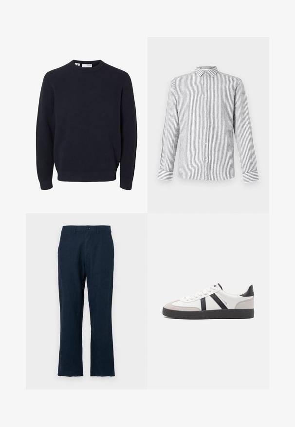 Pull en maille bleu marine à manches longues avec col rond et poignets et bas côtelés, fabriqué en tissu texturé.; Chemise à manches longues à boutons de couleur gris clair avec des rayures verticales blanches. Dotée d'un col classique et de poignets avec un motif rayé.; Pantalons en lin bleu marine au cut droit, avec fermeture à bouton et poches standard. Le tissu a une texture lisse et un minimum de détails.; Baskets blanches avec des accents noirs et gris, présentant un embout texturé gris, une semelle en caoutchouc noir et des lacets plats blancs. Design épuré, style minimaliste.