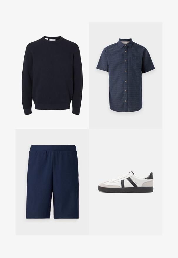 Jersey de punto azul marino de manga larga con cuello redondo y puños y bajo acanalados, fabricado con tela texturizada.; Camisa de hombre de manga corta en tejido azul oscuro con un patrón texturizado, cuello con solapa, cierre de botones en la parte delantera y un bolsillo en el pecho.; Pantalones cortos deportivos de color azul marino con textura acanalada, cinturilla elástica y corte recto, diseñados para ofrecer comodidad y facilidad de movimiento.; Zapatilla blanca con acentos en negro y gris, que presenta una puntera texturizada en gris, suela de goma negra y cordones planos blancos. Diseño limpio, estilo minimalista.