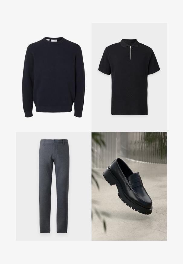 Pull en maille bleu marine à manches longues avec col rond et poignets et bas côtelés, fabriqué en tissu texturé.; Polo noir à manches courtes en tissu texturé avec une fermeture éclair argentée à l'avant, s'étendant du col jusqu'à la poitrine.; Pantalons gris texturé avec une coupe droite, dotés d'une taille à passants de ceinture, de poches avant et d'une fermeture à un seul bouton.; Mocassins en cuir noir avec une semelle à crampons épaisse, dotés d'une sangle décorative et de détails de couture. Texture lisse avec une finition polie.