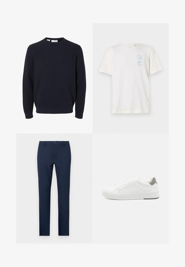 Navyblå langærmet strikket sweater med rund hals og ribstrikkede manchetter og bund, lavet af struktureret stof.; Hvid bomulds t-shirt med et lyseblåt grafisk motiv af en drink med blomsterdetaljer på venstre brystområde, korte ærmer og rund halsudskæring.; Marineblå bukser lavet af et glat stof, med knaplukning, for- og baglommer, samt et skræddersyet, lige ben-design.; Hvid sneaker lavet af glat læder, rund tå, minimalistisk design, grå hælafsats og tekstureret gummisål.