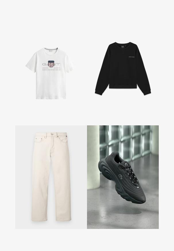 Sweat-shirt noir à manches longues avec col rond et petit logo blanc "LYLE & SCOTT" sur le côté gauche de la poitrine.; T-shirt blanc manches courtes col rond avec logo GANT, écusson rayé rouge et blanc, "1949" et texte "American Sportswear" sur le devant.; Jean beige pour homme à jambes droites avec poches avant, passants pour ceinture et une fermeture par bouton sur fond blanc.; Baskets noires avec une tige texturée, une semelle courbée et des accents réfléchissants. Présentent un logo sur le côté et un système de laçage.