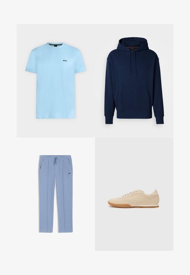 Sweat à capuche bleu marine en tissu doux, avec une poche kangourou à l'avant, des cordons de serrage et des poignets côtelés, orné d'un logo discret.; T-shirt bleu clair à manches courtes et col rond avec petit logo noir "BOSS" sur la poitrine gauche.; Pantalon décontracté bleu clair avec taille élastique, cordon de serrage, poches latérales et logo "BOSS" sur le haut de la cuisse.; Baskets en daim beige au design épuré, présentant une tige texturée, un bout rond et une semelle en caoutchouc avec un motif en zigzag.