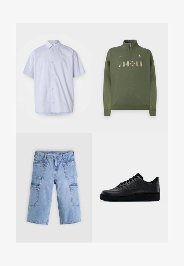 Olivengrøn sweatshirt med høj krave, kvartlynlås, gylden "JORDAN" tekst og logo. Fremstillet af blødt stof med ribstrikkede manchetter.; Lyseblå kortærmet skjorte lavet af glat stof, med knaplukning og et lille hvidt Nike-logo på brystet.; Lyseblå denim cargo-shorts med fire lommer med klap og knaplukning, vist fladt på en lys baggrund.; Sort Nike Air Force 1 sneaker med en glat læderoverdel, perforeret tå for åndbarhed, sorte snørebånd og en textured gummisål.