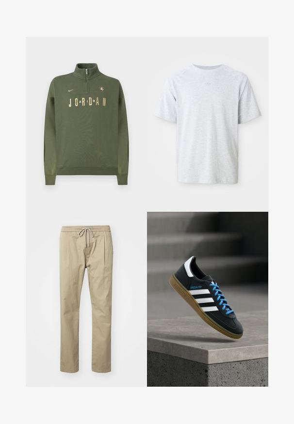 Sweat-shirt vert olive avec un col montant, une fermeture éclair jusqu'au quart, le texte "JORDAN" en or et un logo. Confectionné en tissu doux avec des poignets côtelés.; T-shirt à col rond gris clair à manches courtes avec un logo tonal subtil centré sous le col, devant uni et coupe décontractée.; Chinos beige en mélange de coton, dotés d'une taille élastique avec cordon de serrage et de plis latéraux pour plus de confort et de style.; Baskets Adidas noires avec des rayures blanches, des lacets bleus et une semelle en gomme flottant au-dessus d'une marche en béton grise sous une lumière douce.