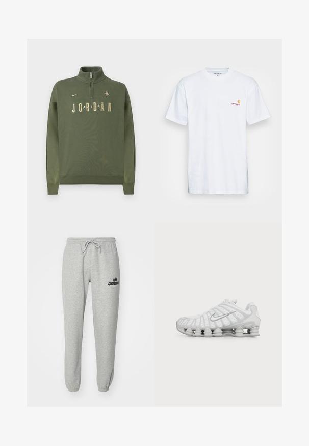 Olivovo zelená mikina s vysokým golierom, štvrťzipsom, zlatým nápisom "JORDAN" a logom. Vyrobená z mäkkej tkaniny s rebrovanými manžetami.; Biala bavlnená tričko s krátkymi rukávmi. Navrhnuté s malým oranžovým a vínovým logom na ľavej strane hrude. Obsahuje klasický crew neck.; Svetlo šedé teplákové nohavice vyrobené z bavlnenej zmesi. Majú elastický pás s šnúrkou, zúžené nohy a čierne logo po boku.; Biela bežecká obuv Nike s viditeľnou vzduchom odpruženou podrážkou a strieborným logom Swoosh na boku, zobrazená z vonkajšej strany.