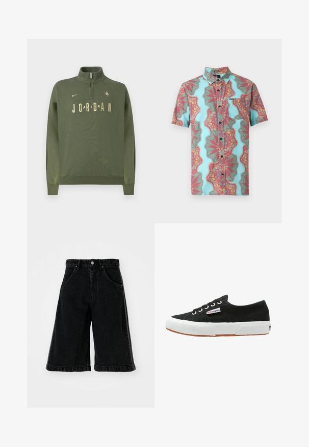 Olivengrøn sweatshirt med høj krave, kvartlynlås, gylden "JORDAN" tekst og logo. Fremstillet af blødt stof med ribstrikkede manchetter.; Kortærmet knap-op-skjorte med krave, med et farverigt abstrakt mønster i turkis, rød, gul og en brystlomme foran med et lille mærke.; Sorte denimshorts med bred ben-design, der har høj talje, bæltestropper og forlommer. Minimalistisk syninger og hardware detaljer.; Sort lærredssneaker med hvid gummisål og brunt gummiydersål. Har rund tå, snørebåndsdesign og lille logoetiket på siden.