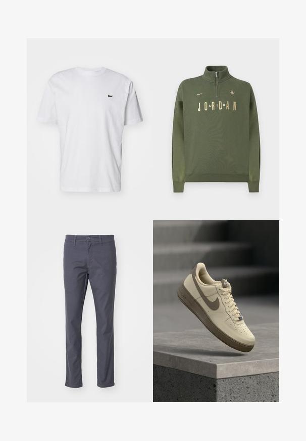 Sweat-shirt vert olive avec un col montant, une fermeture éclair jusqu'au quart, le texte "JORDAN" en or et un logo. Confectionné en tissu doux avec des poignets côtelés.; T-shirt en coton blanc avec col rond, manches courtes et un petit logo brodé vert sur la poitrine. Design classique à coupe droite.; Chinos gris foncé en tissu mélangé coton. Dotés d'une fermeture à bouton et à glissière, de passants de ceinture et d'une coupe droite.; Baskets Nike Air Force 1 beige et marron avec lacets, flottant au-dessus d'une surface en béton avec des escaliers en arrière-plan.