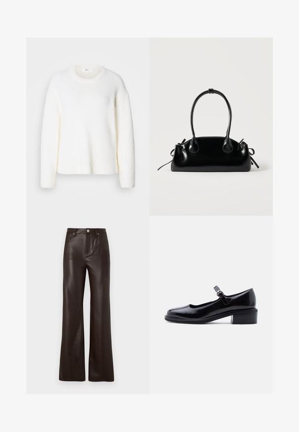 Pull blanc en texture douce avec un col rond, des épaules tombantes et des poignets et ourlet côtelés. Design simple et dépouillé.; Vero Moda Wide-leg VMTESSA High rise - Pantalon classique - chocolate torte; Chaussure Mary Jane en cuir verni noir avec petit talon carré et bride réglable à boucle, sur fond clair uni.; Petit sac à main noir brillant avec deux longues anses et des détails à cordon sur les côtés sur un fond clair uni.