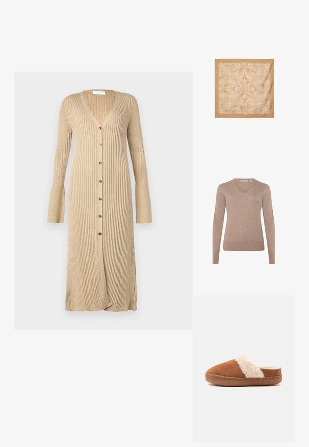 Suéter de cuello en V en tejido de punto beige claro, de manga larga, con puños y dobladillo acanalados, textura suave, diseño minimalista, sin patrones ni herrajes visibles.; Cardigan beige de canalé con mangas largas, cierre frontal de botones, escote en V y puños acampanados. Fabricado en un material de punto suave con un acabado texturizado.; Zapatilla marrón sin cordones con suela gruesa y borde blanco y esponjoso, diseñada para comodidad y calidez en interiores.; Pañuelo cuadrado beige con un elaborado patrón blanco de cachemira y flores, dispuesto simétricamente en toda la tela.