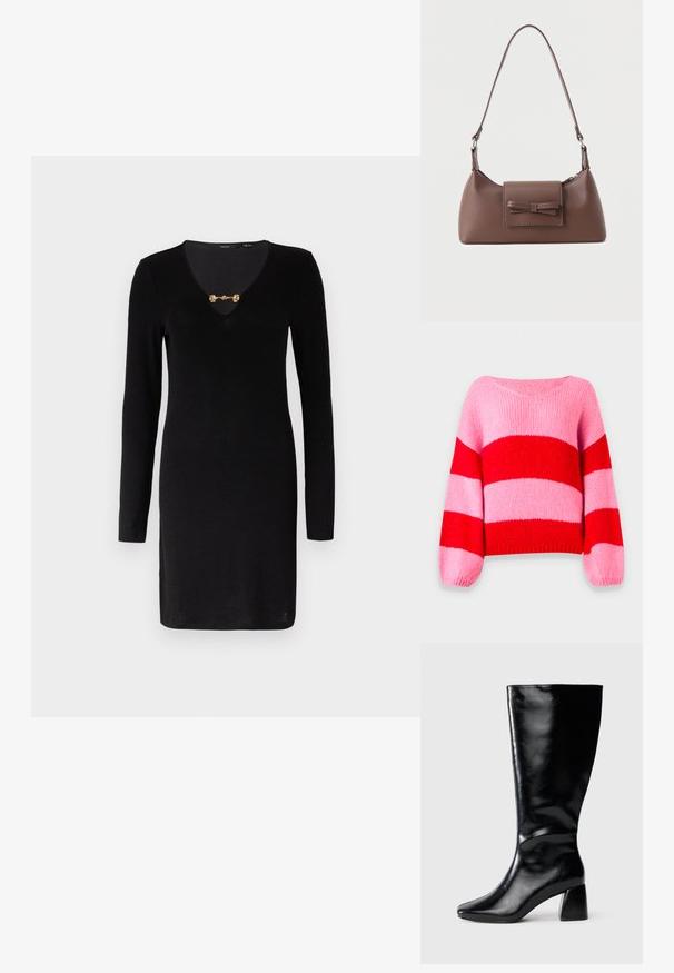 Suéter de punto con llamativas franjas horizontales en rojo brillante y rosa suave. Cuello redondeado, mangas anchas y dobladillo acanalado.; Vestido negro de manga larga con un escote en V profundo, que presenta un broche decorativo dorado en el cuello. Textura suave, diseño ajustado.; Bota de cuero negra hasta la rodilla con tacón cuadrado y puntera ligeramente puntiaguda, mostrada de lado sobre un fondo neutro.; Bolso bandolera de cuero marrón con un bolsillo frontal de solapa que presenta un detalle de moño cosido y una correa ajustable.