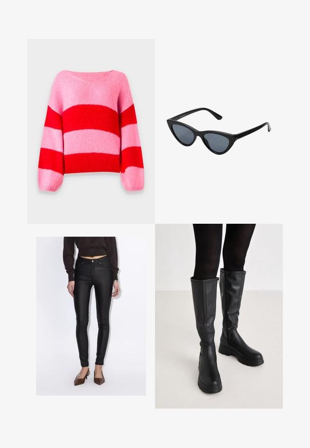 Strikket sweater med markante, vandrette striber i klar rød og blød rosa. Rund halsudskæring, brede ærmer og ribbet kant.; Kvinde iført sorte høj-taljede skinny bukser, en kropsnær mørkebrun knapbluse og brune spidse hæle.; Even&Odd by Zalando Plateaustøvler - black; Sorte katteøje solbriller med mørkegrå linser, slankt plastisk stel, spidse hjørner og lige stænger. Ingen synlig hardware eller dekorationer.