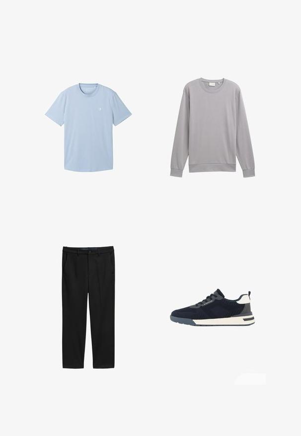 Grauer langärmliger Pullover aus weichem Stoff. Verfügt über einen Rundhalsausschnitt, gerippte Manschetten und Saum sowie ein minimalistisches Design ohne Muster.; Hellblaues T-Shirt mit kurzen Ärmeln aus weichem Stoff, mit einem runden Ausschnitt und einem kleinen Logo auf der linken Brustseite. Einfache Textur.; Schwarze Hose mit geradem Schnitt aus strukturiertem Stoff. Besitzt zwei Fronttaschen und einen Knopfverschluss an der Taille.; Dunkelblauer und grauer Mesh-Sneaker mit weißen Akzenten, Schnürverschluss, seitlichem Markenlogo und einer gepolsterten weißen und grauen Sohle.