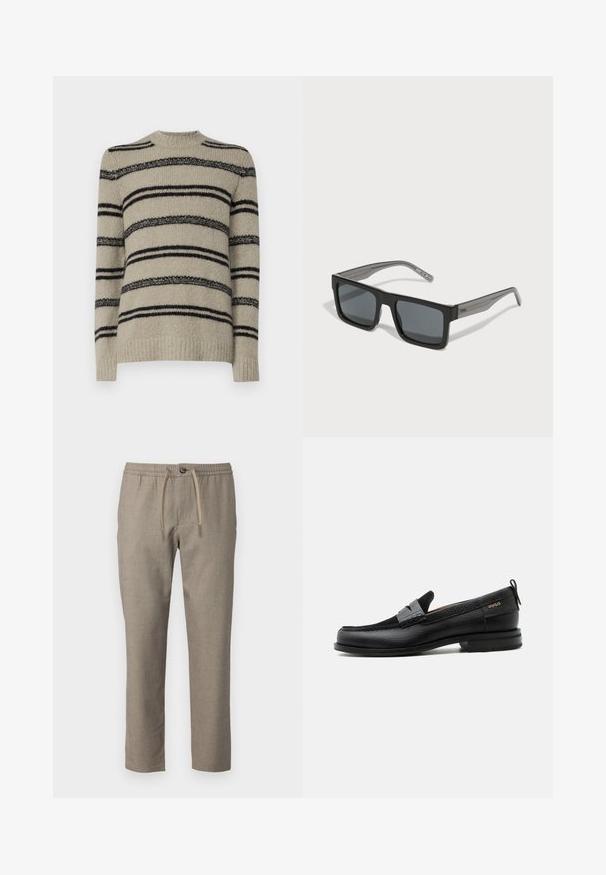 Pull beige avec des rayures noires, texture tricotée, design à col rond et manches longues. Présente des variations d'épaisseur des rayures pour plus de détail.; Pantalons beiges avec une taille élastique, fermeture à cordon de serrage et une coupe droite. Le matériau a une texture subtile.; Mocassin en cuir noir avec détail de bride grise, talon bas et semelle texturée, marqué "HUGO" en or sur le côté.; HUGO Lunettes de soleil - black