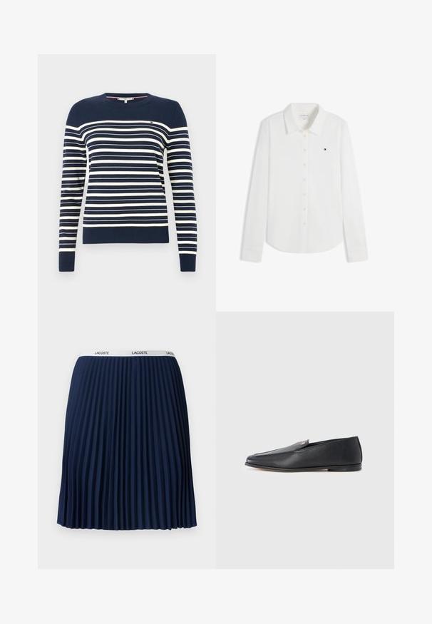 Marineblauwe trui met witte horizontale strepen, ronde hals en lange mouwen. Gemaakt van zachte, gebreide stof met een klein logo op de borst.; Wit overhemd met lange mouwen, knopen, kraag en een klein Tommy Hilfiger-logo op de linkerborst.; Marineblauwe geplooide rok met een gestructureerd ontwerp, elastische tailleband met "LACOSTE" merknaam en een gladde stof.; Zwarte leren loafers met een gladde textuur, een afgeronde neus en subtiele stiksel details. Voorzien van een gouden logomerk aan de bovenzijde.
