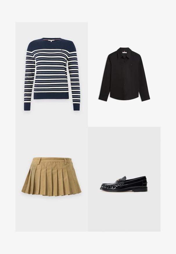 Marineblauwe trui met witte horizontale strepen, ronde hals en lange mouwen. Gemaakt van zachte, gebreide stof met een klein logo op de borst.; Zwarte blouse met lange mouwen, knopen, kraag en klein logo op de linkerborst, plat liggend op een witte achtergrond.; Plissé rok in lichtbruine stof, met een aansluitende tailleband, meerdere plooien en een rechte onderrand. Geen zichtbare sluitingen of accenten.; Zwarte leren instappers met een ronde neus, decoratieve stiksels en een kleine gouden accent op de wreef. Platte rubberen zool, strak design.