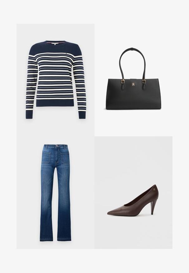 Marineblå sweater med hvide vandrette striber, rund hals og lange ærmer. Fremstillet af blødt, strikket stof med et lille logo på brystet.; Blå denim flared jeans med fem lomme-design, knaplukning og synlige sømme langs sømmene, med en let falmet finish.; Brun læder højhælet pumpe med spids tå og en slank, skrå hæl. Har en lille metallisk logoaccent bagpå.; Sort struktureret lædertaske med to tynde håndtag og lille gyldent logo centreret foran.