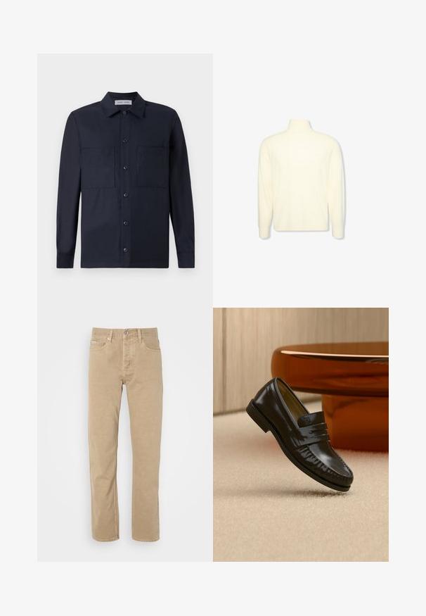 Kremfarvet langærmet højhalset sweater med ribbet manchetter og et diskret logo på brystet, vist på en ensfarvet hvid baggrund.; Samsøe Samsøe TAKA JO OVERSHIRT - Skjorter - dark blue; Beige bomuldsbukser med lige ben, der har forlommer, knaplukning og diskrete syninger langs sømmene.; Skinnende sort læderloafer med remdetalje, placeret på beige tæppe nær et rundt brunt sofabord i et blødt oplyst rum.
