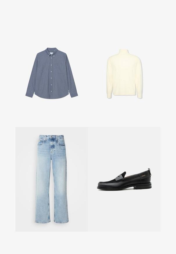 Pull col roulé crème à manches longues avec des poignets côtelés et un logo discret sur la poitrine, présenté sur un fond blanc uni.; Chemise à boutons bleu et gris à rayures verticales, à manches longues, avec col, une poche poitrine, fabriquée en tissu doux avec une texture lisse.; Jean large bleu clair à taille haute, avec une finition délavée, des passants de ceinture et un design classique à cinq poches. L'ourlet est brut.; Mocassin en cuir noir avec détail de bride grise, talon bas et semelle texturée, marqué "HUGO" en or sur le côté.