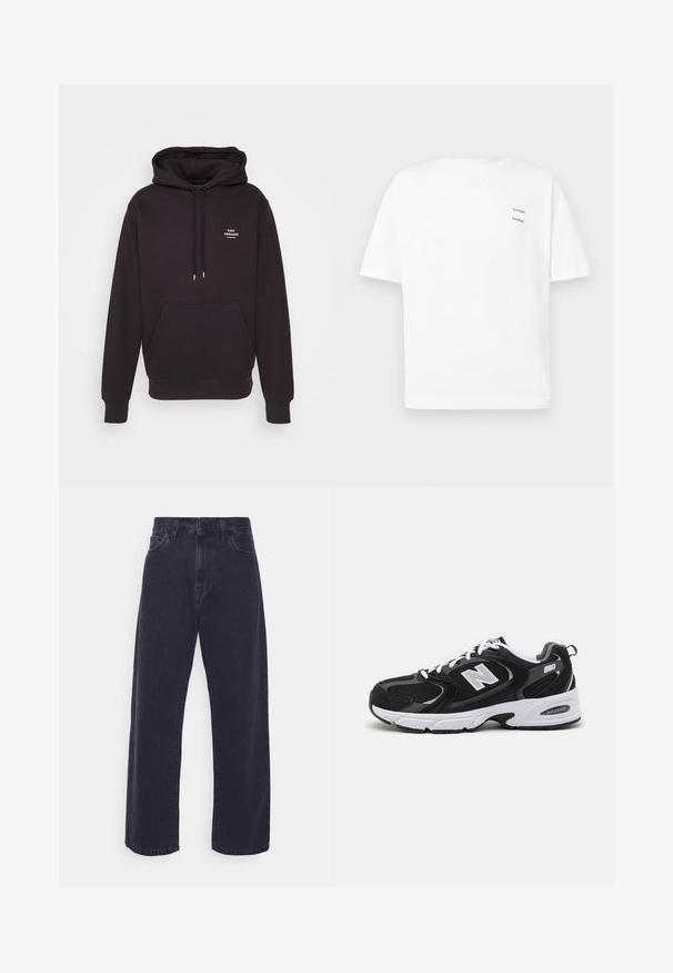 Donkerpaarse hoodie van zacht materiaal, met een voorzak, een capuchon met trekkoorden en een klein wit logo op de borst. Getextureerde manchetten en onderrand.; Witte katoenen t-shirt met een relaxed fit, korte mouwen en een V-hals. Bevat twee kleine zwarte bedrukte logo's aan de linkerkant.; Donker gewassen denim jeans met een wijde pasvorm, hoge taille en vijf-pocket ontwerp. Beschikt over een klassieke knoop- en ritssluiting.; Zwarte en grijze sport schoenen met een bovenwerk van mesh en suede, voorzien van een witte tussenzool, veters en een gedurfde "N"-logo aan de zijkant.