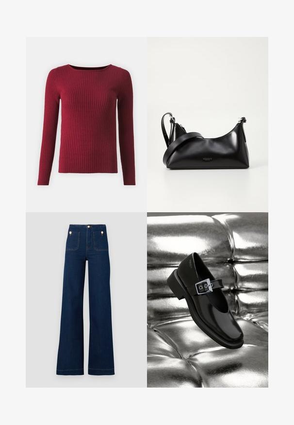 Ribbet bordeaux sweater med lange ærmer, rund halsudskæring og en tætsiddende pasform. Fremstillet af blødt strikmateriale med vertikal tekstur.; Mørkeblå vidde jeans med høj talje, guldknap-detaljer, to for- og baglommer samt kontrastsyede detaljer. Tekstureret denim stof.; Sorte læder Mary Jane sko med firkantet tå, en sølv spænde accent og en chunky lav hæl, sat mod en glansfuld sølv baggrund.; Sort læderhåndtaske med en glat tekstur. Har en justerbar stropp og et enkelt, minimalistisk design med lynlås.
