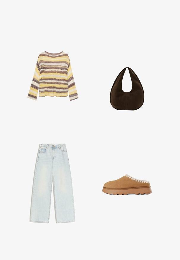 Striktrøje med lange ærmer med horisontale striber i gule, brune og beige toner med rund halsudskæring.; Lyseblå jeans med vide ben, fem lommer, bæltestropper og knaplukning foran i linningen.; Brune ruskind slip-on sko med en tekstureret overdel, der har dekorativ beige syning langs kanten og en tykk gummisål.; Mørkebrun ruskind skuldertaske formet som en halvmåne med en bred rem og glat tekstur på en hvid baggrund.