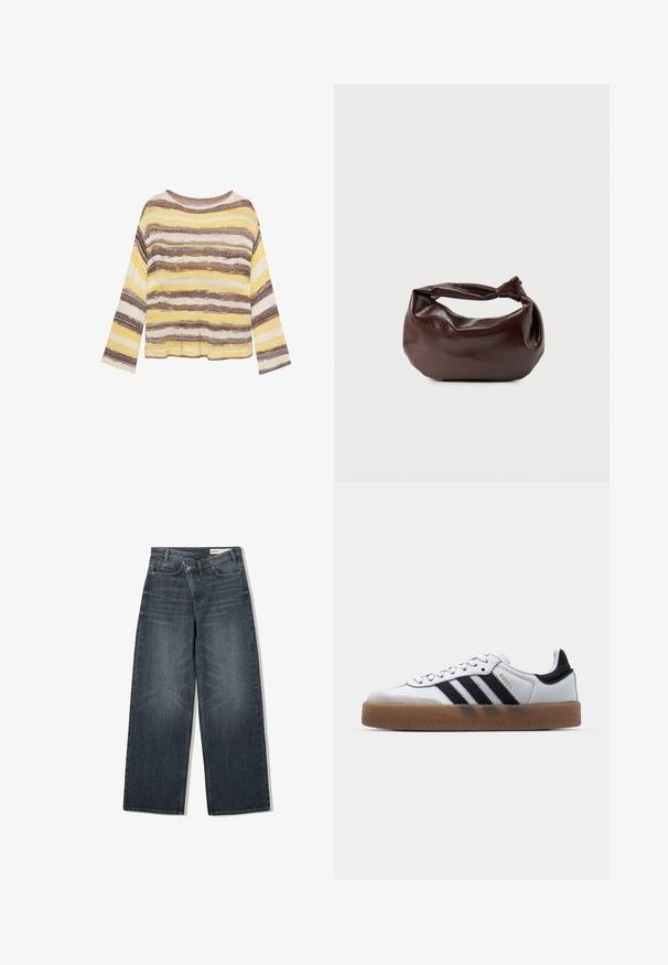 Striktrøje med lange ærmer med horisontale striber i gule, brune og beige toner med rund halsudskæring.; Mørk vaskede denim jeans med en bred benudskæring, der har høj talje, fem lommer og diskrete slidser på forsiden.; Hvide lædersneakers med sorte striber, gummirubber sål, rund tå, snørelukning og blød grå ruskinds tåhætte.; Mørkebrun læder skuldertaske med en blød, afslappet form og et snoet knudehåndtag på en ensartet hvid baggrund.