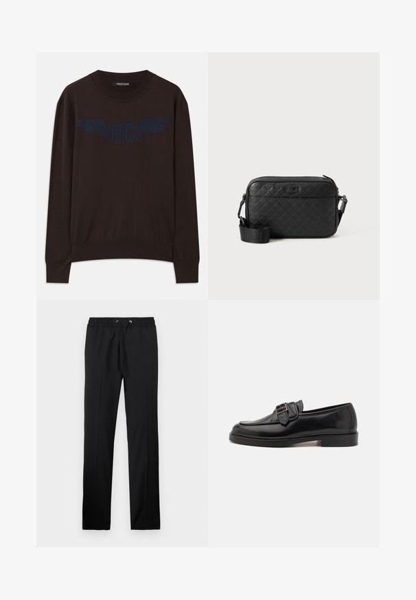 Tummanruskea pitkähiha-svetsi, jossa on resorikujat ja helma, jossa on laivastonsininen siivekäs "RC" logo rinnassa ja pyöreä kaula-aukko.; Iceberg PANTALONI - Housut - nero; Mustat nahka loaferit, joissa on pyöristetty kärki ja koristeellinen solki. Tasainen, yhtenäinen korko ja sileä pinta kauttaaltaan.; Musta tekstuuriga õlakott, millel on embosseeritud geomeetriline muster ja reguleeritav rihm, millel on brändi logo.