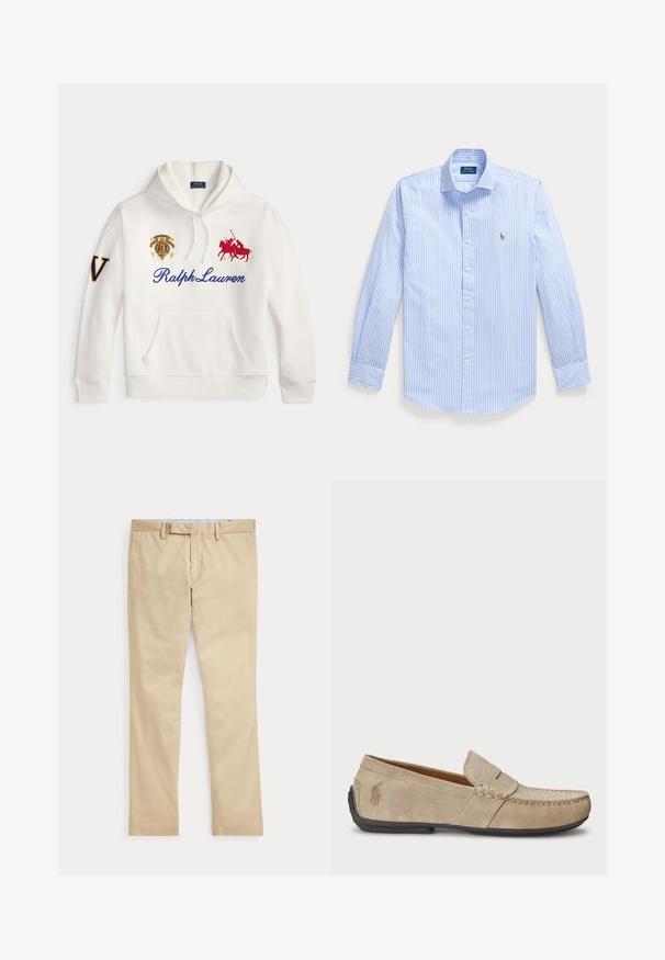 Λευκό φούτερ με το κείμενο Ralph Lauren σε μπλε, κεντημένο κόκκινο λογότυπο παίκτη πόλο, έμβλημα στο στήθος και μεγάλο γράμμα V στο αριστερό μανίκι.; Ανοιχτό μπλε πουκάμισο με μακριά μανίκια, λευκές κάθετες ρίγες και μικρό κεντημένο λογότυπο στο αριστερό στήθος.; Μπεζ παντελόνι με ίσια γραμμή, θηλιές για ζώνη και φερμουάρ μπροστά, τοποθετημένο επίπεδα σε λευκό φόντο.; Μπεζ σουέτ μοκασίνια με ραμμένο σχέδιο, επίπεδη καουτσούκ σόλα και μικρό λογότυπο στο πλάι. Κλασικός σχεδιασμός που φοριέται εύκολα, μαλακή υφή.