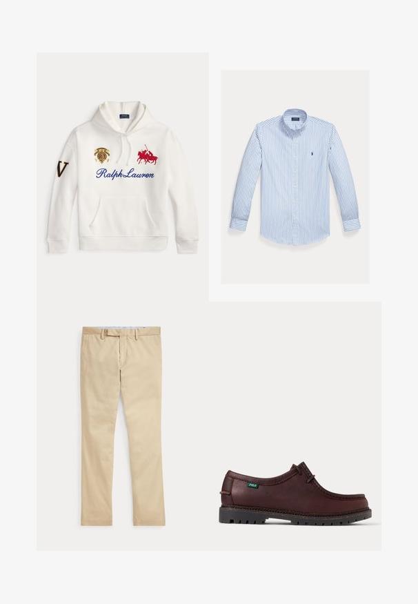 Weißer Hoodie mit Ralph Lauren Text in Blau, besticktem roten Polospieler-Logo, Wappenemblem auf der Brust und großem Buchstaben V am linken Ärmel.; Hellblaues langärmeliges Hemd mit weißen vertikalen Streifen, einem Button-Down-Kragen und einem kleinen Logo auf der linken Brusttasche.; Beige gerade Hose mit Gürtelschlaufen und einem vorderen Reißverschluss, flach auf weißem Hintergrund gelegt.; Dunkelbrauner Leder-Mokassinschuh mit schwarzer robuster Sohle und grünem Polo-Logo-Etikett an der Seite, Seitenansicht.