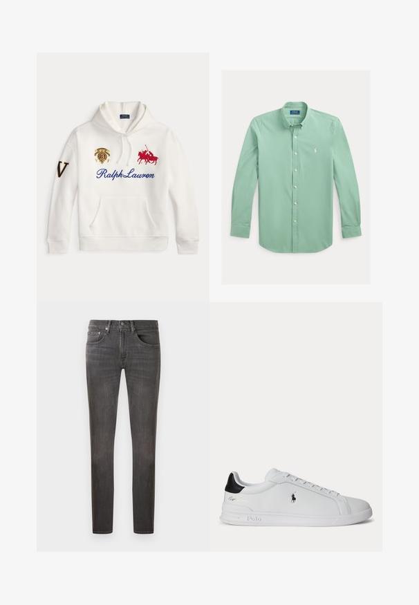 Biela mikina s kapucňou s modrým nápisom Ralph Lauren, vyšívaným červeným logom hráča póla, erbovým emblémom na hrudi a veľkým písmenom V na ľavom rukáve.; Svetlozelená košeľa s dlhým rukávom na gombíky, s golierom a malým bielym vyšívaným logom na ľavej strane hrude.; Tmavošedé džínsy z denimu s klasickým strihom, piatimi vreckami a jemným efektom opotrebovania, so zapínaním na gombík a zips.; Biela nízka teniska s čiernou pätovou pätkou, šnúrkami a logom Polo Ralph Lauren na boku, so zvýraznenými detailmi na podrážke.