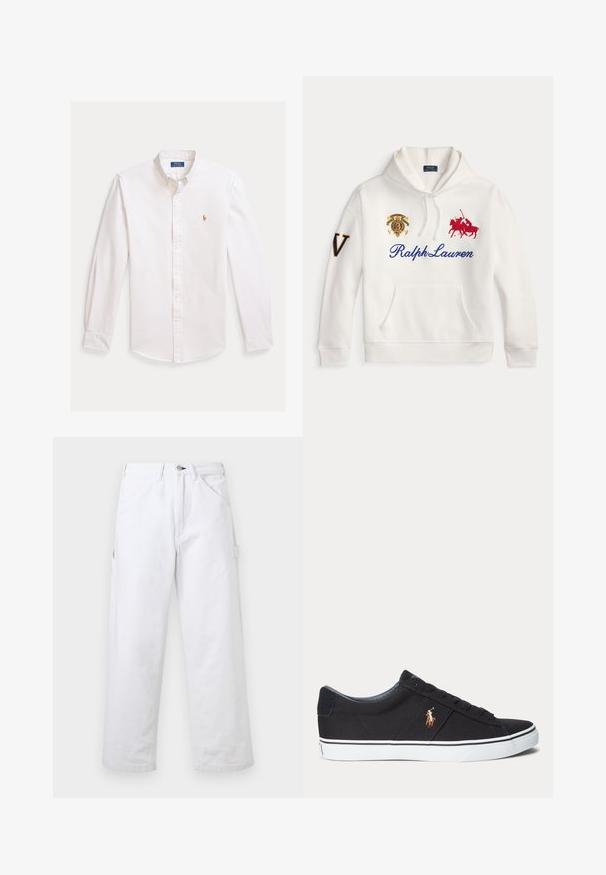 Biela mikina s kapucňou s modrým nápisom Ralph Lauren, vyšívaným červeným logom hráča póla, erbovým emblémom na hrudi a veľkým písmenom V na ľavom rukáve.; Biela košeľa s gombíkmi, svetlé pruhy, dlhé rukávy, špicatý golier a vyšívané logo na hrudi. Bavlnený materiál, hladká textúra.; Biele nohavice s vysokým pásom a rovnými nohavicami, s pútkami na opasok, prednými vreckami, zapínaním na gombíky a bočným úžitkovým vreckom na jednofarebnom pozadí.; Čierna nízka teniska s bielou podrážkou a vyšitým logom hráča póla na boku, s šnurovaním a textúrovaným vrchným materiálom.