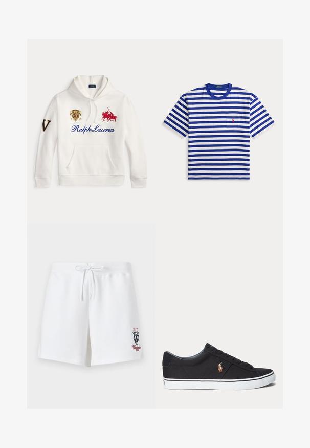 Λευκό φούτερ με το κείμενο Ralph Lauren σε μπλε, κεντημένο κόκκινο λογότυπο παίκτη πόλο, έμβλημα στο στήθος και μεγάλο γράμμα V στο αριστερό μανίκι.; Λευκό και μπλε κοντομάνικο μπλουζάκι με οριζόντιες ρίγες, στρογγυλή λαιμόκοψη και μικρό τσεπάκι στο στήθος με κόκκινο κεντημένο λογότυπο.; Λευκά σορτς με κορδονάκι και μικρό κεντητό μαύρο και κόκκινο λογότυπο "Wimbledon Polo 1877" στο κάτω αριστερό πόδι.; Μαύρο χαμηλό αθλητικό παπούτσι με λευκή λαστιχένια σόλα και κεντητό καφέ λογότυπο αλόγου στο πλάι.