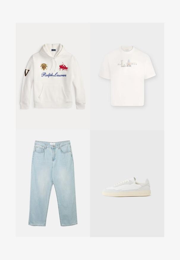 Biela mikina s kapucňou s modrým nápisom Ralph Lauren, vyšívaným červeným logom hráča póla, erbovým emblémom na hrudi a veľkým písmenom V na ľavom rukáve.; Biele tričko s krátkym rukávom s textom "ALLSAINTS" vo veľkých metalických blokových písmenách umiestnených na strede hrudníka.; Svetlomodré džínsové nohavice s uvoľneným strihom, piatimi vreckami, zapínaním na gombík a jemným vyblednutím. Textúra je hladká a mierne opotrebovaná.; Biela teniska s jemne štruktúrovaným zvrškom zo semišu a kože. Má zaoblenú špičku, viazanie na šnúrky a kontrastnú béžovú gumovú podrážku.
