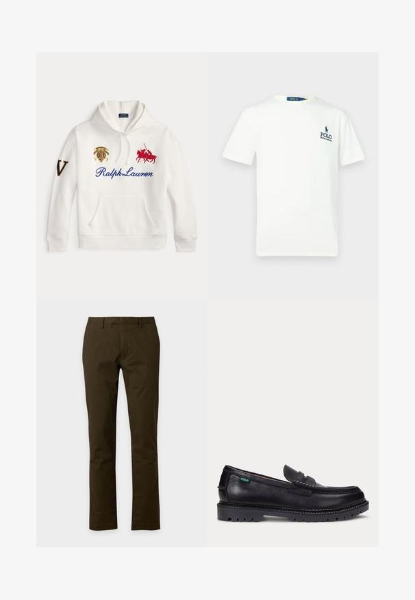Λευκό φούτερ με το κείμενο Ralph Lauren σε μπλε, κεντημένο κόκκινο λογότυπο παίκτη πόλο, έμβλημα στο στήθος και μεγάλο γράμμα V στο αριστερό μανίκι.; Λευκό βαμβακερό μπλουζάκι με στρογγυλή λαιμόκοψη, κοντά μανίκια και μπλε λογότυπο "POLO Ralph Lauren" στο αριστερό στήθος.; Σκουρό καφέ ανδρικό παντελόνι στενής γραμμής με θηλιές για ζώνη και κλείσιμο με φερμουάρ μπροστά σε απλό ανοιχτό φόντο.; Μαύρο δερμάτινο μοκασίνι με παχύ, τραχωτό πέλμα και μικρό πράσινο ετικέτα "Polo" στο εξωτερικό μέρος κοντά στη φτέρνα.