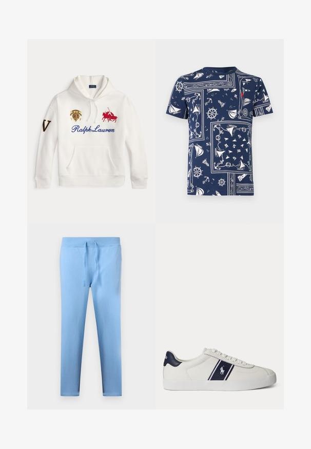 Λευκό φούτερ με το κείμενο Ralph Lauren σε μπλε, κεντημένο κόκκινο λογότυπο παίκτη πόλο, έμβλημα στο στήθος και μεγάλο γράμμα V στο αριστερό μανίκι.; Κοντομάνικο πουκάμισο σε ναυτικό μπλε με λευκά ναυτικά μοτίβα που περιλαμβάνουν άγκυρες, τιμόνια πλοίων, φάρους, ιστιοφόρα και σχοινιά.; Ανοιχτό μπλε φόρμα με κορδόνι, πλαϊνές τσέπες και μικρό λευκό κεντημένο λογότυπο στο πάνω αριστερό μηρό.; Λευκό χαμηλό αθλητικό παπούτσι με ναυτικό μπλε ρίγα και λογότυπο στο πλάι και ναυτικό μπλε ταμπά στο τακούνι, λευκή επίπεδη σόλα και λευκά κορδόνια.