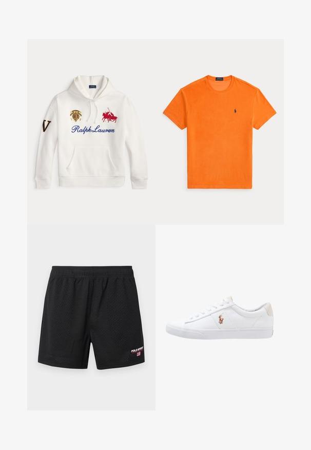 White hoodie with Ralph Lauren text in blue, embroidered red polo player logo, crest emblem on chest, and large letter V on left sleeve.; Bright orange short-sleeve crew neck t-shirt with small dark blue Polo Ralph Lauren logo on the left chest.; Black mesh athletic shorts with elastic waistband and Polo Sport Ralph Lauren logo with American flag on the bottom right leg.; White canvas sneaker with a low-top design, featuring a beige heel tab and a small embroidered logo on the side. Rubber sole.